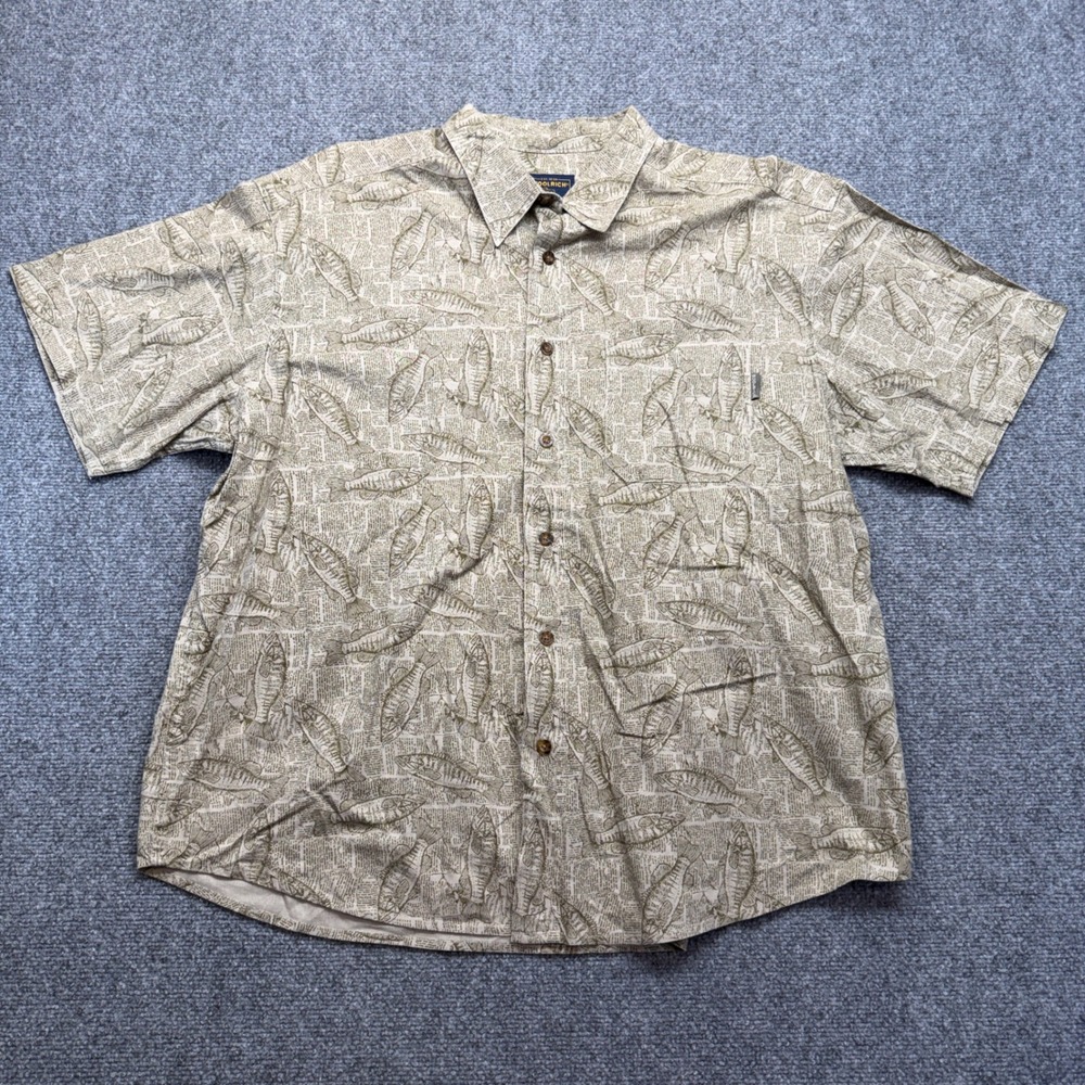 Woolrich Mens XL Fish Newspaper Print Short Sleeve Button Down Shirt Tan Olive